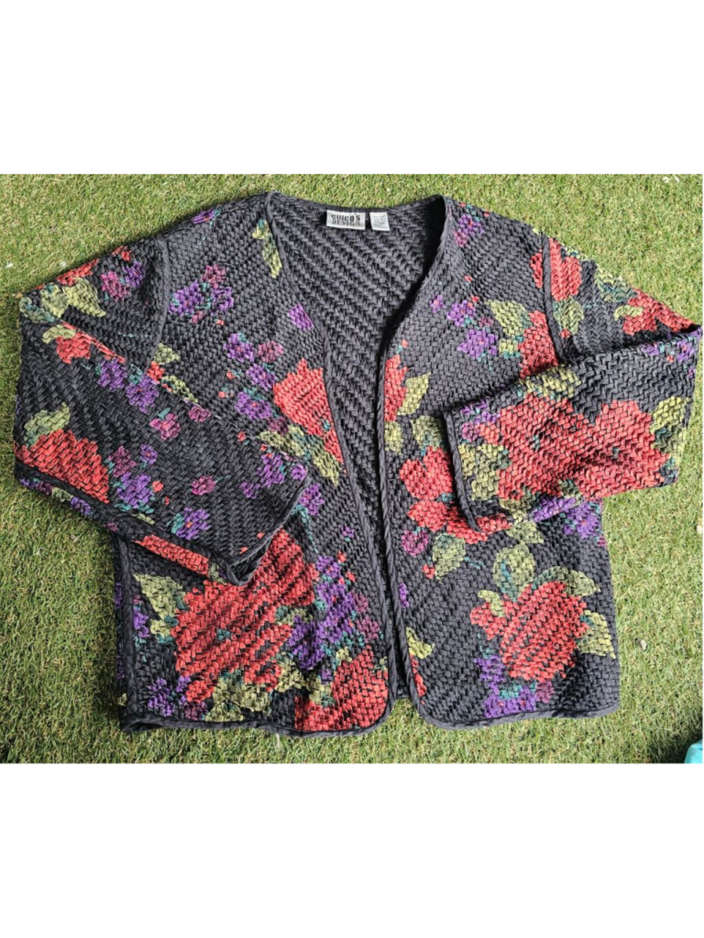 Chico's Design Vintage 100% Silk Basket Weave Floral Open Front Jacket - Size 2